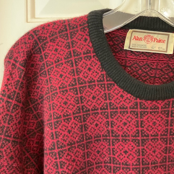 Alan Paine Men’s Cashmere Sweater XL, maroon with black print and details, Lux! - Picture 6 of 13
